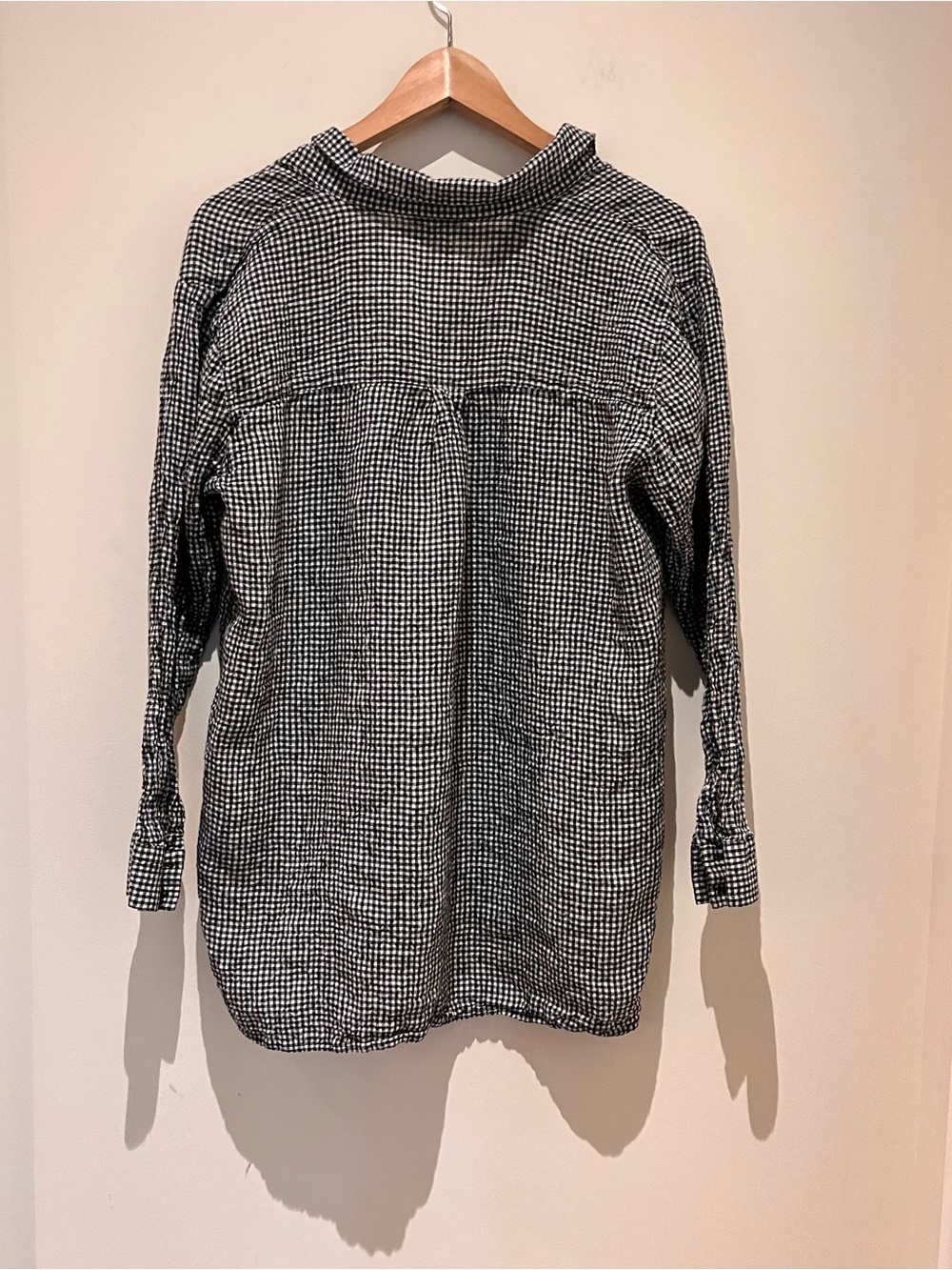 Eileen Fisher Puckered Organic Linen Gingham Black White Classic Collar Shirt L - Picture 7 of 11